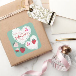 Pegatina Cuadrada Corazones y fresas Feliz Día de San Valentín