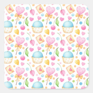 Pegatina Cuadrada Corazones y muffins Delightful Watercolor Pattern