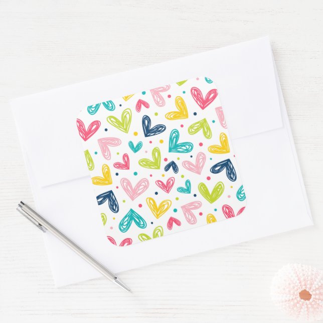 Pegatina Cuadrada Corazones y puntos en forma de doodle (Sobre)