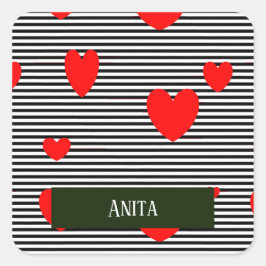 Pegatina Cuadrada Corazones y rayas rojas personalizadas