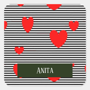 Pegatina Cuadrada Corazones y rayas rojas personalizadas