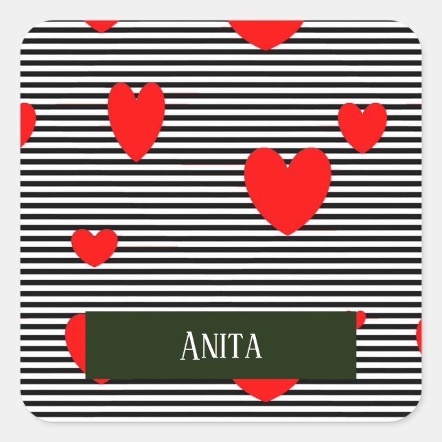 Pegatina Cuadrada Corazones y rayas rojas personalizadas (Anverso)