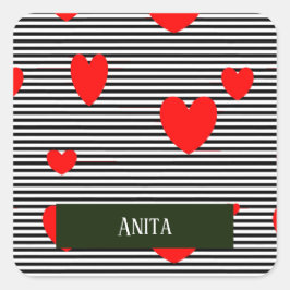 Pegatina Cuadrada Corazones y rayas rojas personalizadas