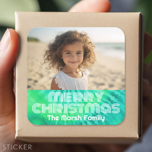 Pegatina Cuadrada Corbata Retro Feliz Navidad Dye Teal Foto 70s Vibr