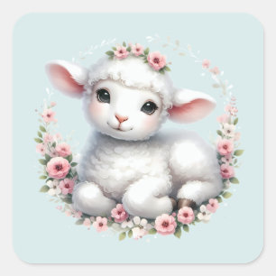 Pegatina Cuadrada Corderito Adorable con Ilustración de Corona Flora