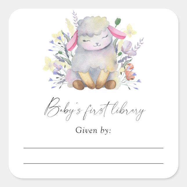 Pegatina Cuadrada Cordero - Ex libris para baby shower, libros para  (Anverso)