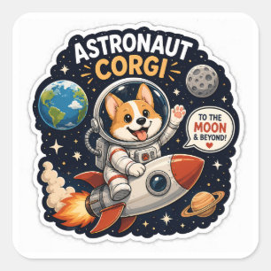 Pegatina Cuadrada Corgi Astronauta – ¡A la Luna y Más Allá!