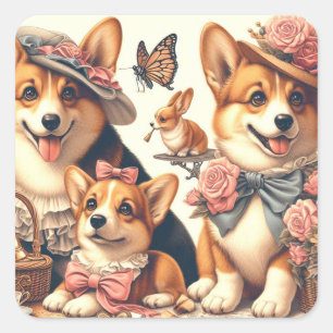 Pegatina Cuadrada Corgi Cardigan galés de época