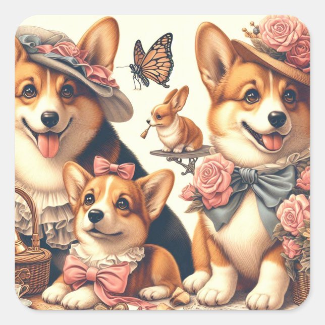 Pegatina Cuadrada Corgi Cardigan galés de época (Anverso)