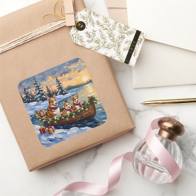 Pegatina Cuadrada Corgi Christmas Boat Holiday (Regalar)