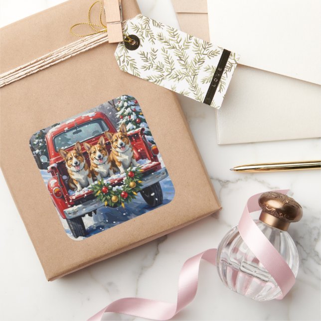 Pegatina Cuadrada Corgi Christmas Red Truck Holiday (Regalar)