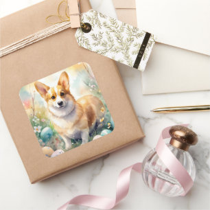 Pegatina Cuadrada Corgi con vacaciones en Pascua