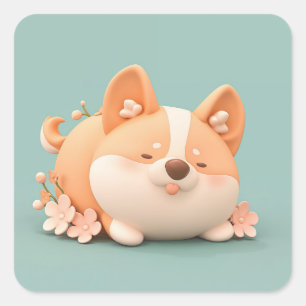 Pegatina Cuadrada Corgi de Arcilla Durmiente con Flor de Cerezo Rosa