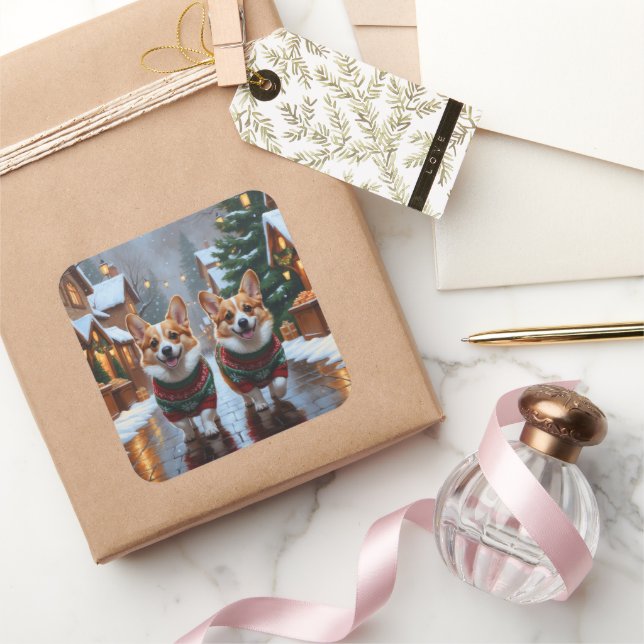 Pegatina Cuadrada Corgi Dogs Christmas Snow Holiday (Regalar)