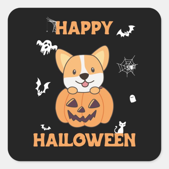 Pegatina Cuadrada Corgi En Calabaza Perros Cutos Feliz Halloween (Anverso)