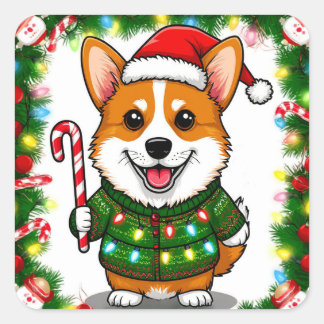 Pegatina Cuadrada Corgi Feliz con Jersey de Navidad y Sombrero de Sa