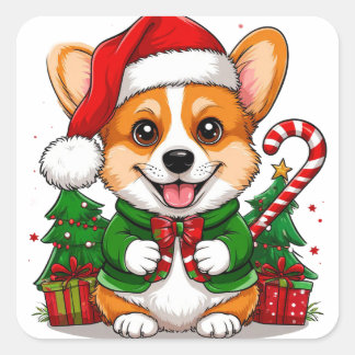 Pegatina Cuadrada Corgi festivo con sombrero de Santa y suéter de Na