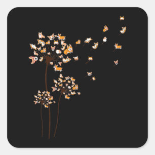 Pegatina Cuadrada Corgi Flower Fly Dandelion Cute Perro Lover