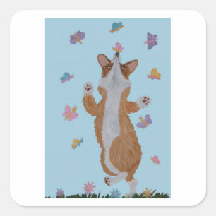 Pegatina Cuadrada Corgi galés bailando con mariposas