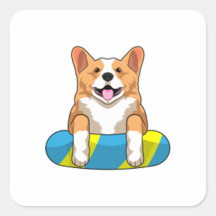 Pegatina Cuadrada Corgi galés en Natación con Pizarra