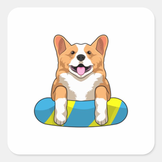 Pegatina Cuadrada Corgi galés en Natación con Pizarra (Anverso)