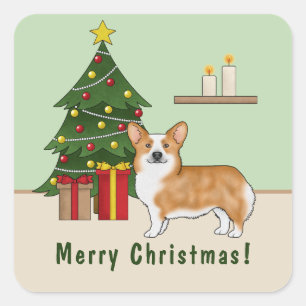 Pegatina Cuadrada Corgi Galés Pembroke Rojo y árbol de Navidad