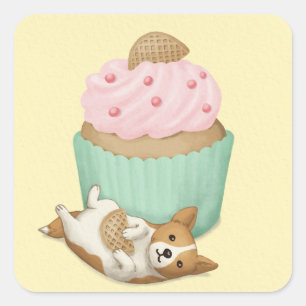 Pegatina Cuadrada Corgi galés y arte de Ilustracion de torta