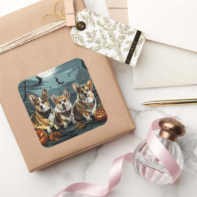 Pegatina Cuadrada Corgi Halloween Spooky (Regalar)