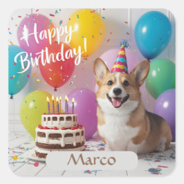 Pegatina Cuadrada Corgi Happy Birthday