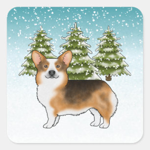 Pegatina Cuadrada Corgi Pembroke de cabeza roja Navidad de invierno