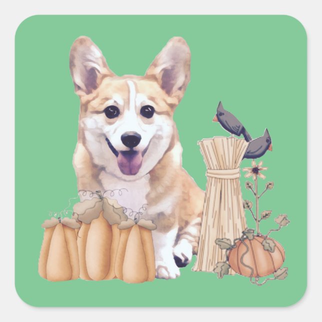 Pegatina Cuadrada Corgi Puppy en otoño (Anverso)