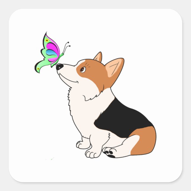 Pegatina Cuadrada Corgi tricolor con mariposa (Anverso)