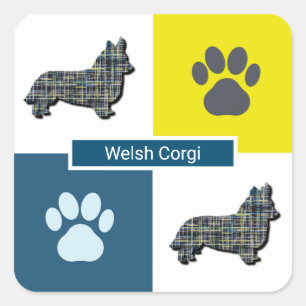 Pegatina Cuadrada Corgi Welsh Dog & Paw Y&B Grid