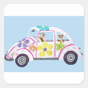 Pegatina Cuadrada Corgis hippies galeses en su Coche del Amor de Niñ