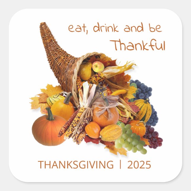 Pegatina Cuadrada Cornucopia, Eat, Bebe & Be Thankful Thankled (Anverso)