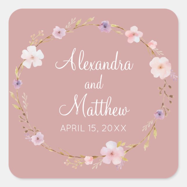 Pegatina Cuadrada Corona Boda floral (Anverso)