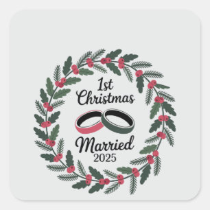Pegatina Cuadrada Corona de Anillos de Boda Clásicos 1ª Navidad