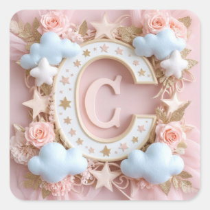 Pegatina Cuadrada ⭐ Corona de bebé floral rosa con monograma C ⭐