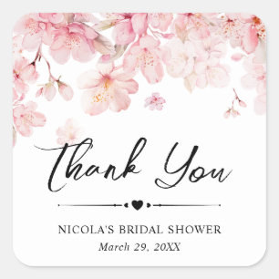 Pegatina Cuadrada Corona de boda con flores de cerezo en acuarela