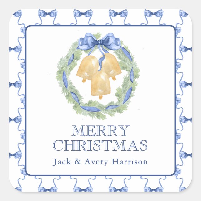 Pegatina Cuadrada Corona de campanas de Navidad o boda en acuarela (Anverso)