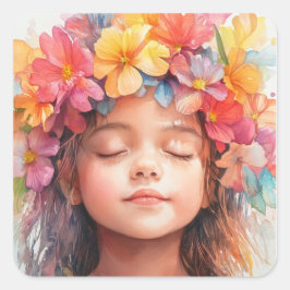 Pegatina Cuadrada Corona de flores tropicales coloridas de Chica haw