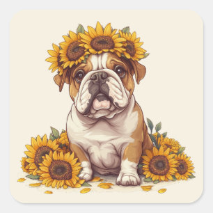 Pegatina Cuadrada Corona de girasol de Bulldog inglés