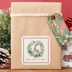 Pegatina Cuadrada Corona de Navidad con ciervo personalizada acuarel
