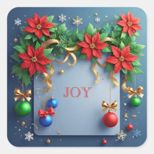 Pegatina Cuadrada Corona de Navidad con Poinsettias