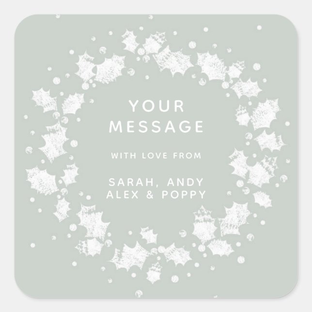 Pegatina Cuadrada Corona de Navidad de acebo gris verde personalizad (Anverso)