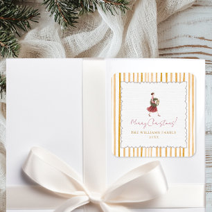 Pegatina Cuadrada Corona de Navidad de mujer elegante con rayas amar