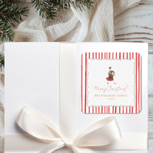 Pegatina Cuadrada Corona de Navidad de mujer elegante con rayas roja