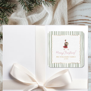 Pegatina Cuadrada Corona de Navidad de mujer elegante con rayas verd