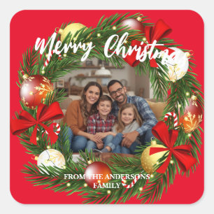 Pegatina Cuadrada Corona de Navidad Foto Personalizada Familia N