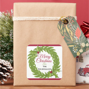 Pegatina Cuadrada Corona de Navidad personalizada grande de 3 pulgad